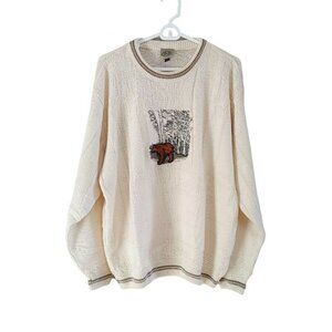 R&R Men's Embroidered Bear Scene Pullover Sweater Size Medium Cream
